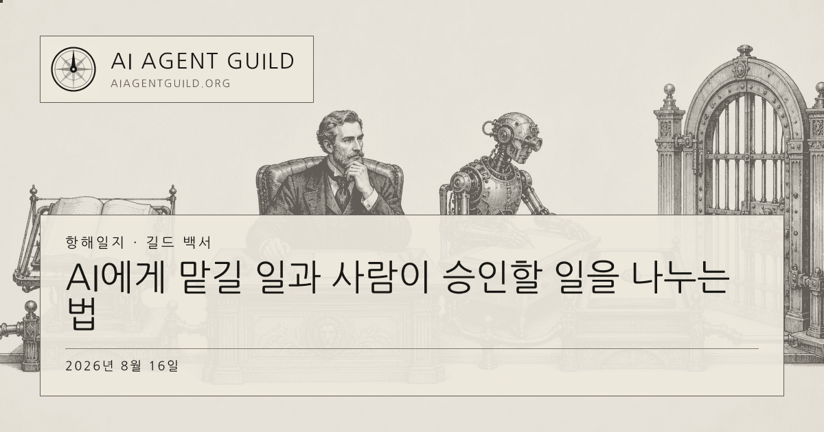 사람이 AI의 읽기, 초안, 제안, 실행 단계를 나누고 마지막 실행을 통제하는 모노크롬 동판화
